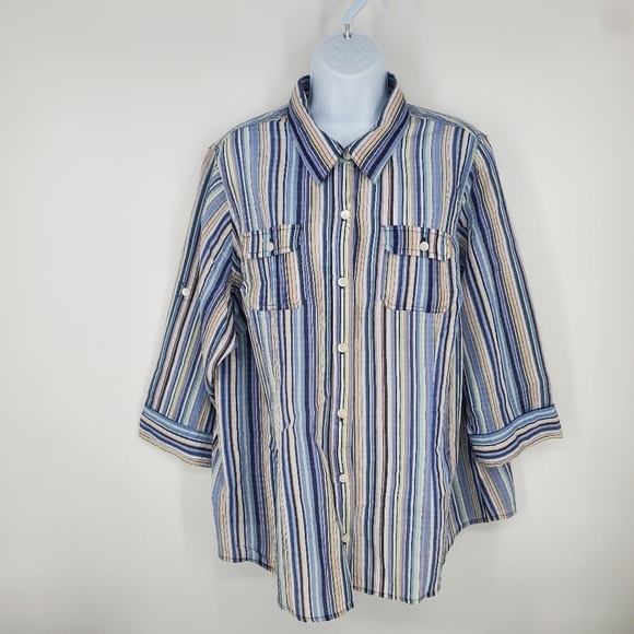 Liz Claiborne Blue Multi Stripe Crinkle 3/4 Sleeve Button Down Women 2X Shirt - Picture 9 of 9